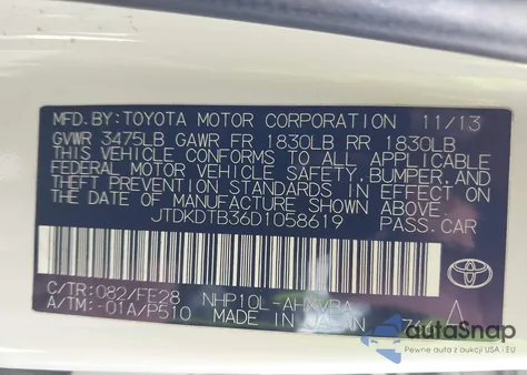 2013 Toyota Prius C One из США, поврежденный, VIN JTDKDTB36D1058619